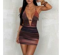 Damen Retro Batik-Abstrakter Muster Tiefer V-Ausschnitt Bindung Rückenfrei Mini-Kleid,Dunkelorange,Sommer,Boho,Urlaub,Ferien,Urlaub Figurbetontes Somm