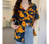 Damen Retro Bedrucktes Shirt Kurzarm Loose Fit Oberteil Casual Street Style Bluse mit Reverskragen für Tägliche Tragen(S Gelb)