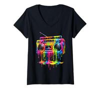 Damen Retro Boombox Drip 1980s Street Art Graphic T-Shirt mit V-Ausschnitt