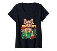 Damen Retro Christmas Yorkshire Terrier X-Mas Yorkie Terriers T-Shirt mit V-Ausschnitt