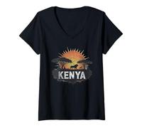 Damen Retro Kenia Landschaft Vintage Souvenir T-Shirt mit V-Ausschnitt
