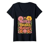 Damen Retro Mental Health Matters Inspirational Awareness Graphic T-Shirt mit V-Ausschnitt