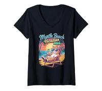 Damen Retro Myrtle Beach Vacation Cat 2026 - Reise & Urlaubsurlaub T-Shirt mit V-Ausschnitt