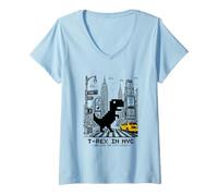 Damen Retro NYC Pixel T-Rex In NYC Dinosaur Yellow Taxi Graphic T-Shirt mit V-Ausschnitt