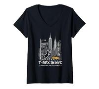 Damen Retro NYC Pixel T-Rex In NYC Dinosaurier Gelb Taxi Grafik T-Shirt mit V-Ausschnitt