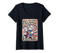 Damen Retro Peace Cat Flower Purrwer, USA, 1776, Spirit and Joy T-Shirt mit V-Ausschnitt