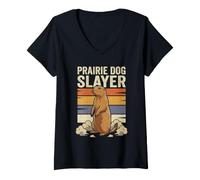 Damen Retro Prärie Hund Sonnenuntergang - Vintage Prärie Dog Slayer Jagd T-Shirt mit V-Ausschnitt