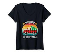 Damen Retro Red Truck Buffalo Plaid Weihnachtsbaum Merry Christmas T-Shirt mit V-Ausschnitt