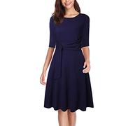 Damen Retro Swing Cocktailkleider A-Line Abendkleid Rundhals Plissee Kleider Sommerkleid Partykleid Midi Festliche Kleider(L-Dunkelblau)