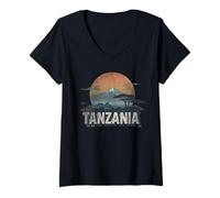 Damen Retro Tansania Landschaft Vintage Souvenir T-Shirt mit V-Ausschnitt