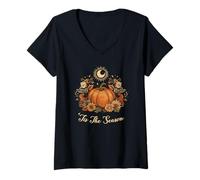Damen Retro Vintage Pumpkin Spice Tis The Season Equinox Moon T-Shirt mit V-Ausschnitt