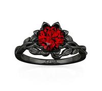 Damen Ring 925 Silber Schwar Solitärring Gothic Blumenring Rundschliff Zirkonia Ehering mit Rot Lila Stein Fingerring Modern Gotisch Bandring für Frauen Alltag Halloween Party (Granatrot, 51(16.1))
