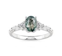 Damen Ring Moosachat Bandring Marquise Zirkonia Verlobungsring Retro Modern Fingerring Sterling Silber Ehering mit Stein Versprechungsring für Geburtstag Valentinstag Hochzeit (Silber, 54(17.3))