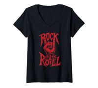 Damen Rock and Roll Handzeichen Vintage Gitarre Musik Grafik T-Shirt mit V-Ausschnitt