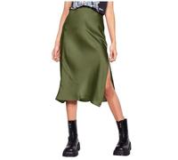 Damen Rock hohe Taille Satin Kleid Reißverschluss eleganter Midirock Schlichtes Design vielseitig (Army Green, M)