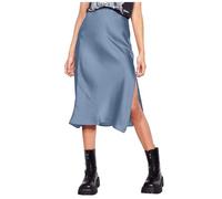 Damen Rock hohe Taille Satin Kleid Reißverschluss eleganter Midirock Schlichtes Design vielseitig (Blue, L)