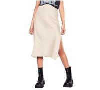 Damen Rock hohe Taille Satin Kleid Reißverschluss eleganter Midirock Schlichtes Design vielseitig (Beige, XL)