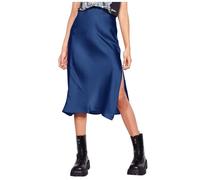Damen Rock hohe Taille Satin Kleid Reißverschluss eleganter Midirock Schlichtes Design vielseitig (Navy, S)