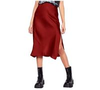 Damen Rock hohe Taille Satin Kleid Reißverschluss eleganter Midirock Schlichtes Design vielseitig (Red, M)