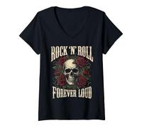 Damen Rock-N'Roll Forever Loud Totenkopf mit Rosen Vintage Gothic Art T-Shirt mit V-Ausschnitt