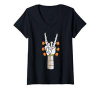 Damen Rock On Skelett Hand Gitarre Geschenke Herren Graphic Tee Rock Band T-Shirt mit V-Ausschnitt
