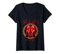 Damen Rockabilly Style Pin-Up Girl, rote High Heel Pumps Leoprint T-Shirt mit V-Ausschnitt