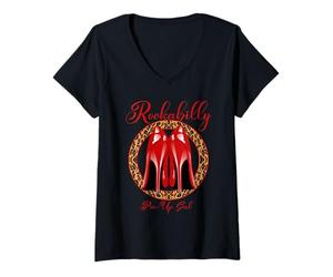 Damen Rockabilly Style Pin-Up Girl, rote High Heel Pumps Leoprint T-Shirt mit V-Ausschnitt