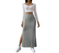 Damen Röcke Lang Sommer Gerippter Strickrock, Lange Röcke für Damen mit Schlitz, hohe Taille, Vintage-Retro-Röcke, lässiger Rock, Herbstrock mit elastischem Bund Röcke Mit Schlitz (Grey, XL)