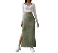 Damen Röcke Lang Sommer Gerippter Strickrock, Lange Röcke für Damen mit Schlitz, hohe Taille, Vintage-Retro-Röcke, lässiger Rock, Herbstrock mit elastischem Bund Röcke Mit Schlitz (Green, L)