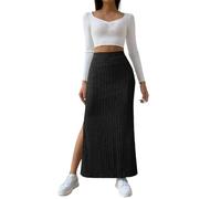 Damen Röcke Lang Sommer Gerippter Strickrock, Lange Röcke für Damen mit Schlitz, hohe Taille, Vintage-Retro-Röcke, lässiger Rock, Herbstrock mit elastischem Bund Röcke Mit Schlitz (Black, XXL)