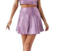 Damen Röcke Metallischer Glänzender Rock Ausgestellter Taille Lederröcke Faltenrock Skater Stretch Skater Röcke Informell Mini Glocken Rock Hohe Taille Metallischer Faltenrock (Purple, XL)