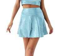Damen Röcke Metallischer Glänzender Rock Ausgestellter Taille Lederröcke Faltenrock Skater Stretch Skater Röcke Informell Mini Glocken Rock Hohe Taille Metallischer Faltenrock (Sky Blue, XL)