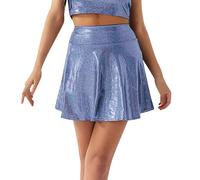 Damen Röcke Metallischer Glänzender Rock Ausgestellter Taille Lederröcke Faltenrock Skater Stretch Skater Röcke Informell Mini Glocken Rock Hohe Taille Metallischer Faltenrock (Navy, XL)