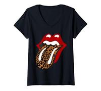 Damen Rolling Stones Klassische Leopardenzunge T-Shirt mit V-Ausschnitt, Schwarz, S