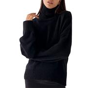 Damen Rollkragenpullover Casual Gestrickt Solid Oversize Langarm Lose Pullover Tops, Schwarz , L