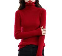 Damen Rollkragenpullover, einfarbig, schmale Passform, 100 % Merinowolle, Strickunterteil, Langarm-Pullover, kirschrot, M