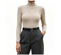 Damen Rollkragenpullover für Slim Fit Gerippt Strickpullover Langarm Basic Winter Top für Freizeit Büro S-XXL(Beige XL)
