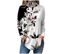 Damen Rollkragenpullover Langarm mit Blumenmuster Weite Passform Große Größen Tunika Oversize Oberteil Elegant S-3Xl XL 01 Black