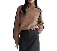 Damen Rollkragenpullover mit Farbblock, Raglan-Strickpullover, lässig, übergroß, gestreift, langärmelig, gerippt, für Herbst und Winter, braun, XL