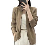 Damen Rollkragenpullover mit festem Reißverschluss, Wolle, Strickjacke, lässig, langärmelig, Braun Grau, XL