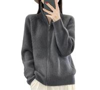 Damen Rollkragenpullover mit festem Reißverschluss, Wolle, Strickjacke, lässig, langärmelig, grau, L