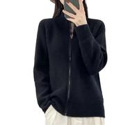 Damen Rollkragenpullover mit festem Reißverschluss, Wolle, Strickjacke, lässig, langärmelig, Schwarz , XL