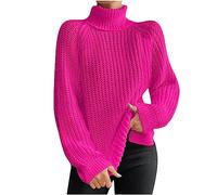 Damen Rollkragenpullover Slouchy Knit Grobstrick Pullover Herbst Winter Mode Zopfweben Langarm Pullover, #019 Hot Pink, Klein