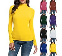 Damen Rollkragenshirt Baumwolle Basic Langarmshirt Elegant Oberteile Langarm Rollkragen/Stehkragen Unterziehshirt Slim Fit Rollkragenpullover Dünn Stretch Tops (001 Gelb, XL)