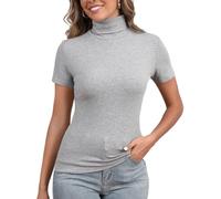 Damen Rollkragenshirt Elegant Kurzarm Strickpullover Basic Leichtes Rollishirt Unterziehrolli Slim Fit grau,S