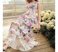 Damen romantisches Blumenprint-Midikleid mit Ärmellosen Lagen, Frühling/Sommer