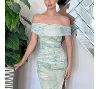 Damen romantisches Slim Fit Maxikleid, Off-Shoulder Mesh Druckkleid, pastellfarbene Kleider für Frauen