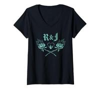 Damen Romeo + Juliet Burning Heart and Roses Logo 30th Anniversary T-Shirt mit V-Ausschnitt