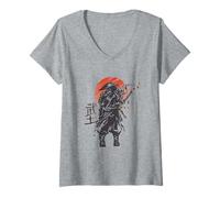 Damen Ronin Samurai Red Sun Art T-Shirt T-Shirt mit V-Ausschnitt