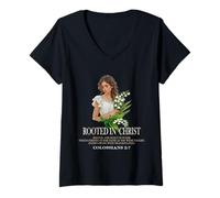 Damen Rooted In Christ Lovely Lady & Lilly Christian Bibelvers T-Shirt mit V-Ausschnitt